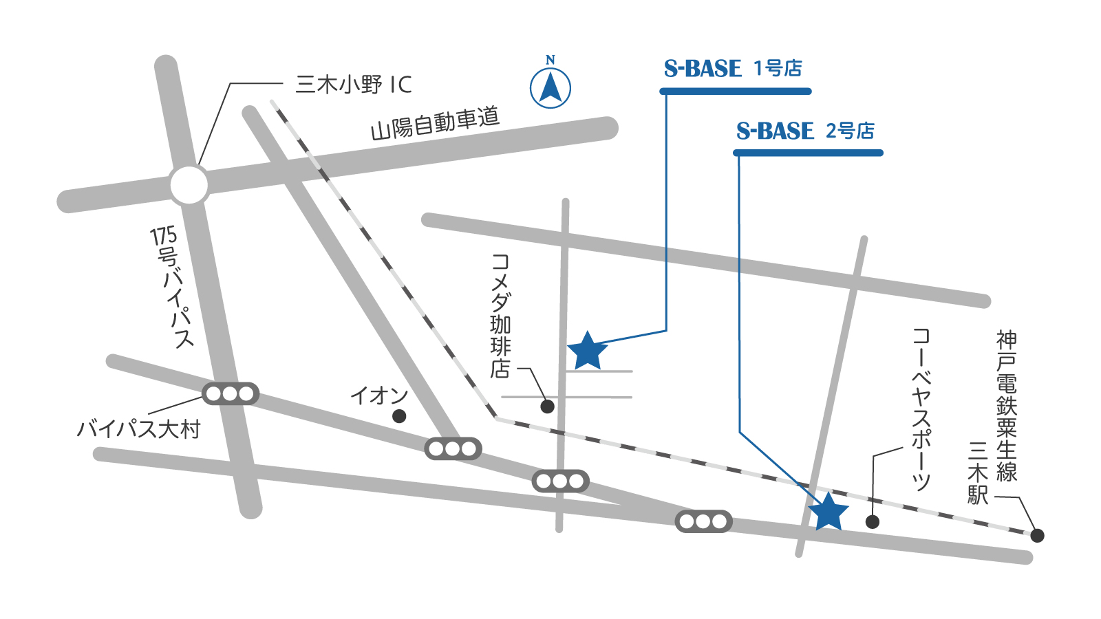 1号店と2号店の位置を示すイラストマップ